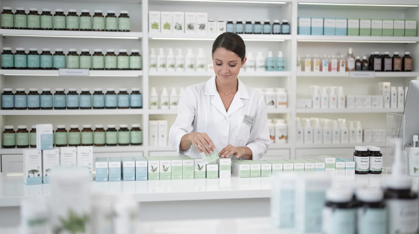 A pharmacist stands behind a clean white counter, meticulously organizing neatly packaged wellness products, including various hemp derived products. The setting reflects a professional atmosphere, highlighting the growing market for consumable hemp products in compliance with current regulations.