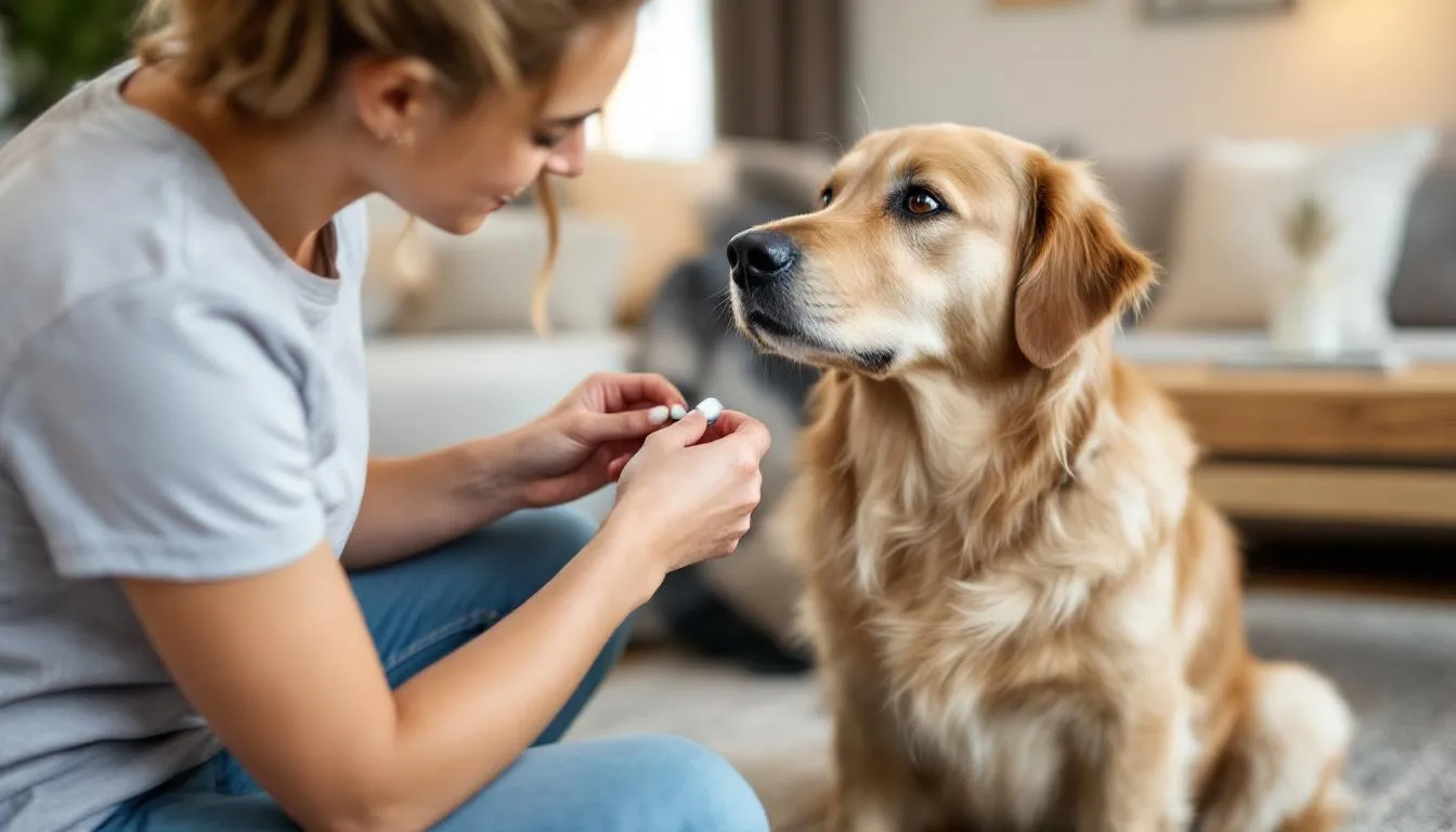 A dog owner is administering monthly preventive medication to their pet, ensuring the dog stays protected from common intestinal parasites like roundworms and hookworms. This routine helps prevent infections that can lead to severe health issues in both dogs and potentially humans.