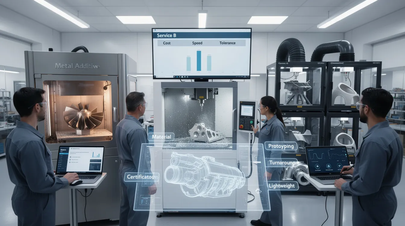The image depicts a modern aerospace manufacturing facility where engineers are working on rapid prototyping services for aerospace parts. Various advanced techniques such as 3D printing, CNC machining, and sheet metal fabrication are showcased, highlighting the importance of quality management systems and precision in creating aerospace prototypes.
