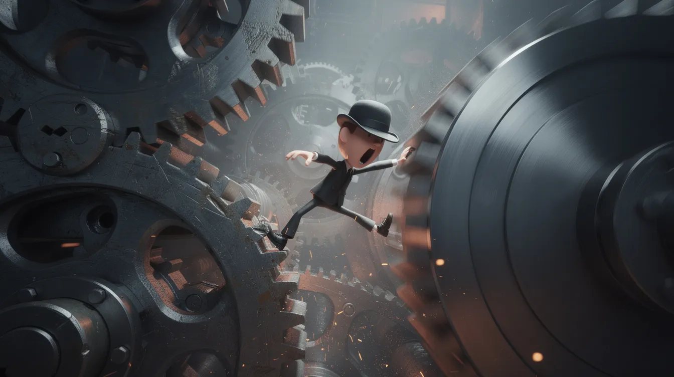 Eine dynamische Illustration zeigt eine kleine Figur mit einem Bowlerhut, die zwischen riesigen, rotierenden Zahnrädern eingeklemmt ist, umgeben von mechanischen Details und Bewegungsunschärfe, was an die tragikomischen Elemente von Charlie Chaplins "Moderne Zeiten" erinnert. Die Szene vermittelt ein Gefühl von Hektik und der Herausforderungen des industriellen Lebens.