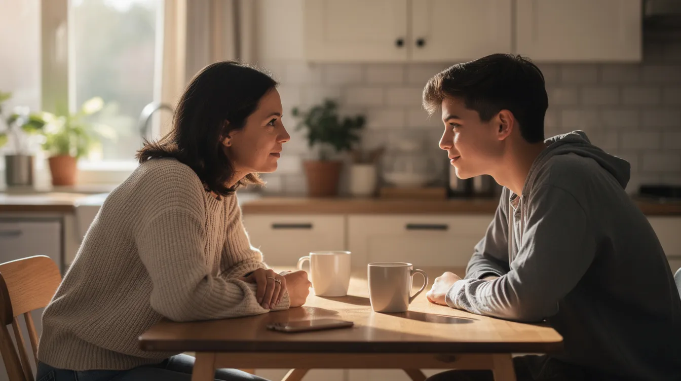 A parent and teenager are sitting at a kitchen table, engaged in a calm conversation without any devices in sight, highlighting the importance of spending quality time together and reducing excessive screen time. This scene emphasizes the potential benefits of limiting device usage for mental health and fostering better family relationships.