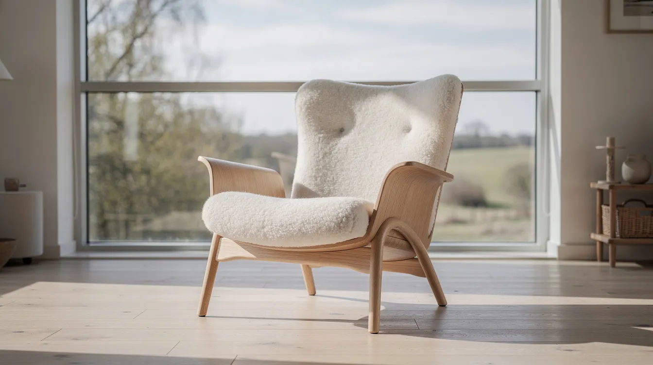En Lamino-fåtölj i ljust trä, designad av Bruno Mathsson, står framför ett stort fönster och erbjuder en fantastisk utsikt. Fåtöljen, som är en av de mest älskade designklassikerna i svensk möbeldesign, är klädd i mjukt fårskinn och ger en unik känsla av både komfort och stil.