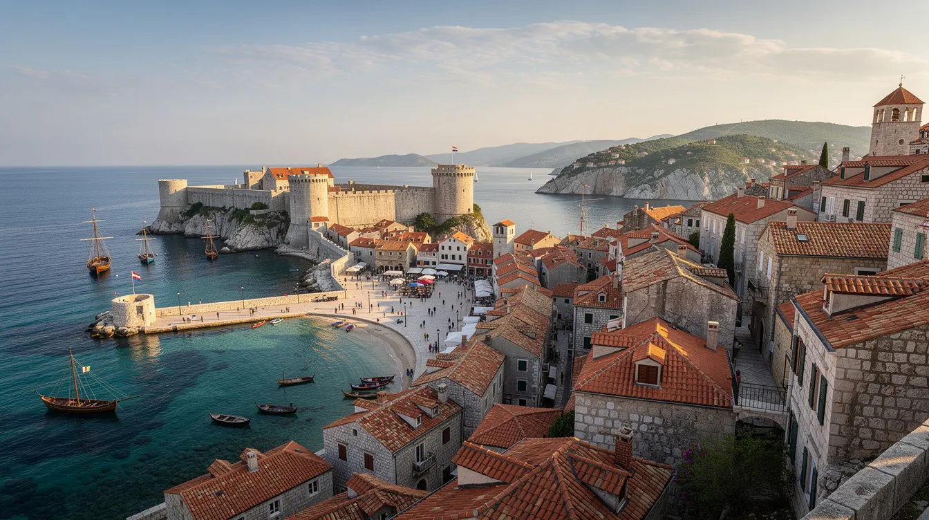 A imagem mostra uma vista panorâmica de uma cidade costeira medieval, com suas construções históricas cercadas por águas cristalinas do mar Adriático, refletindo o céu azul. Esta cidade, localizada na Croácia, é um destino turístico popular, destacando-se por sua rica história e beleza natural.