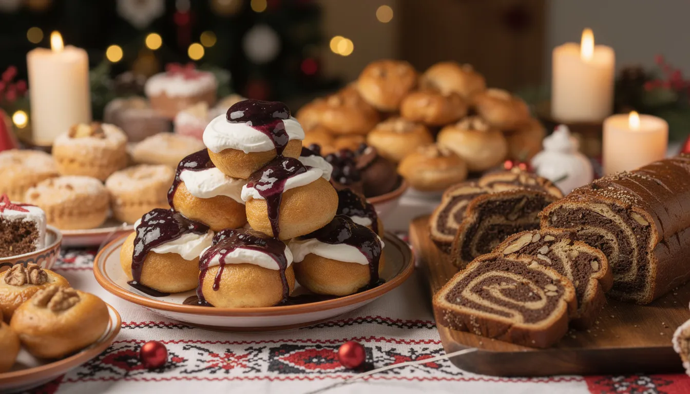 The image features a festive table adorned with an array of traditional Romanian desserts, including papanași topped with sour cream and cozonac, a sweet bread often enjoyed during celebrations, showcasing the rich flavors of Romanian cuisine. This delightful display highlights the essence of traditional Romanian food and culture.