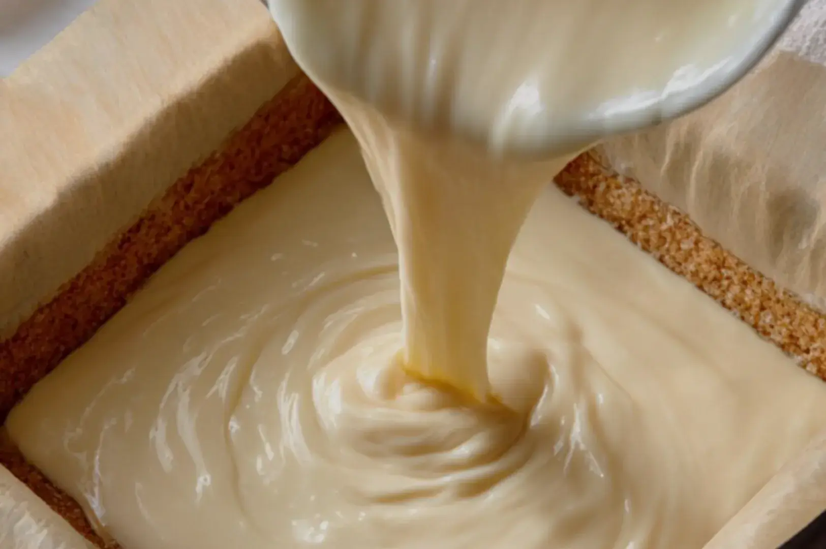 A bowl pouring creamy batter into a square baking pan lined with parchment paper.