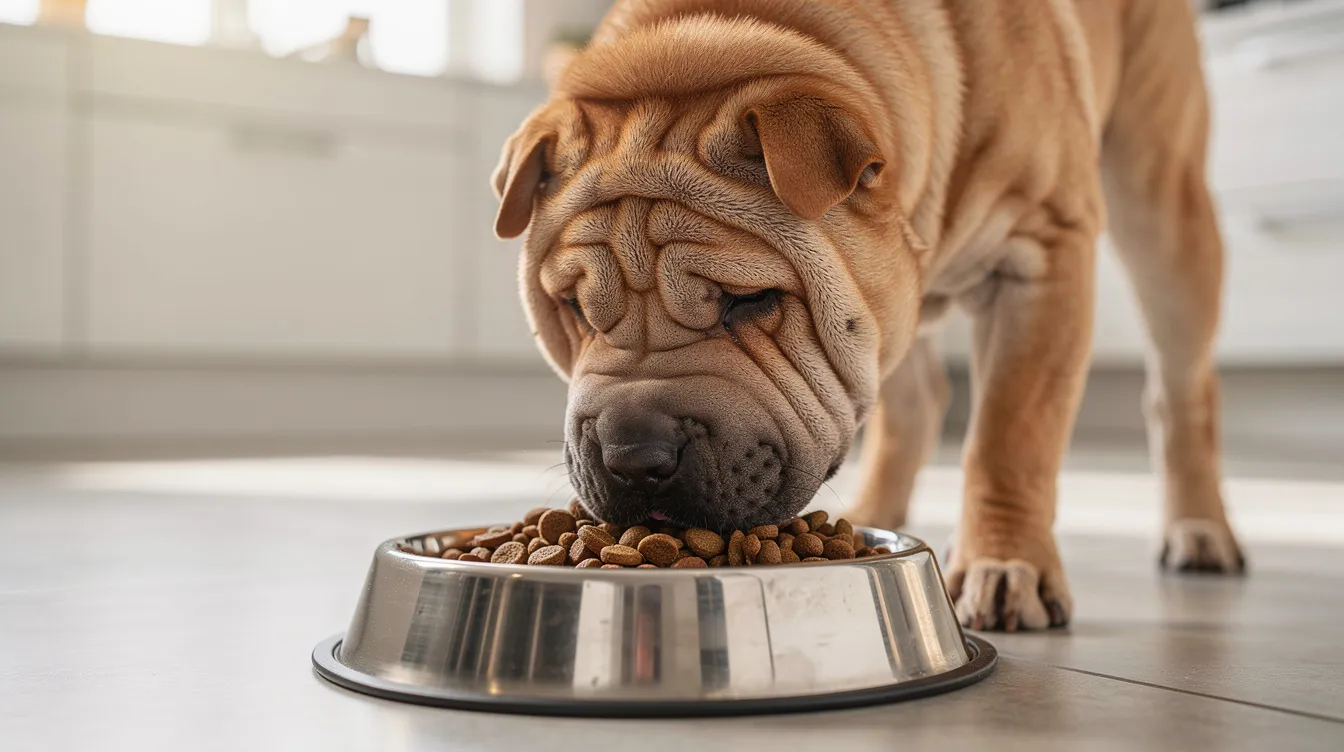 A Chinese Shar Pei dog is enjoying a meal of high-quality kibble from a dog bowl, showcasing its distinctive wrinkled skin and blue-black tongue. The scene captures the dog’s independent nature and loyal demeanor as it focuses on its food.