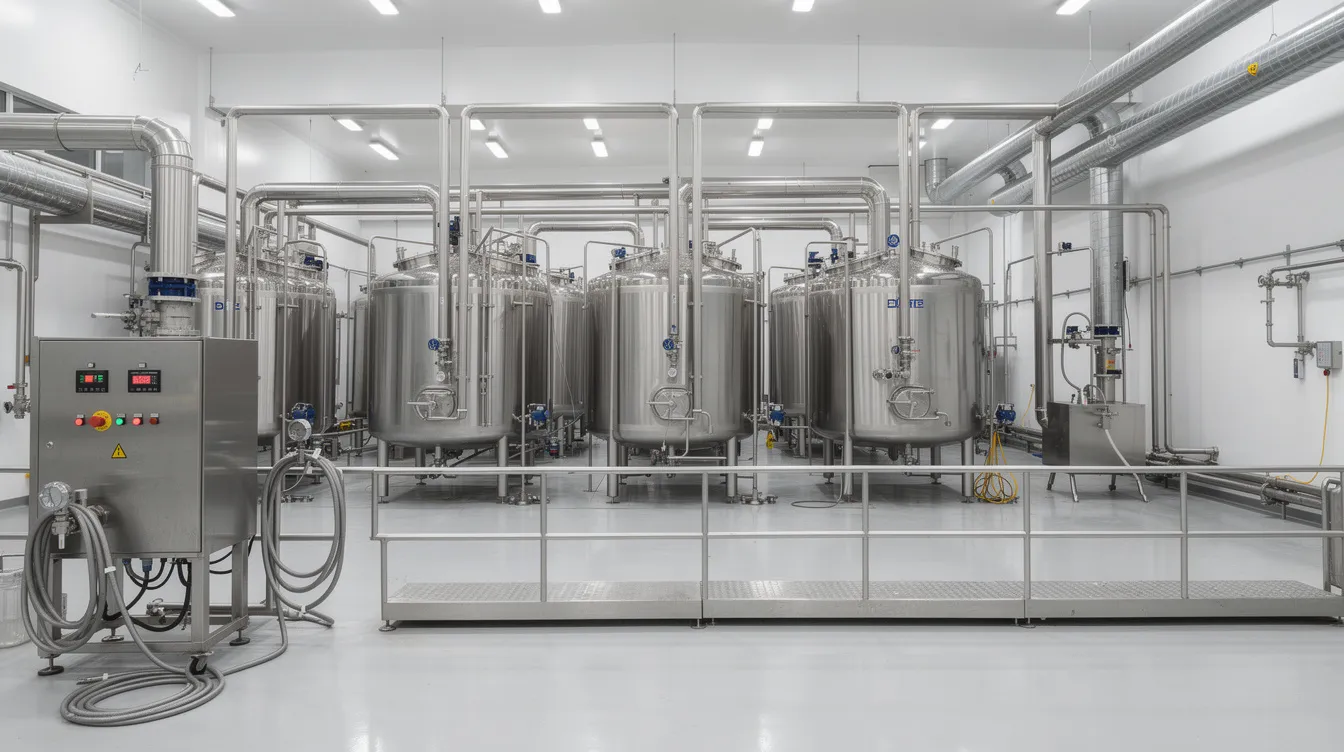 8c8dee47 f640 4e08 987d e53712dd6ce6 The image depicts the interior of a modern dairy processing facility, featuring stainless steel equipment, pipes, and tanks, all set within an industrial environment focused on milk powder production. This facility is part of the milk powder manufacturing industry, emphasizing efficient plant operations and the processing of raw milk into nutritious dairy products.