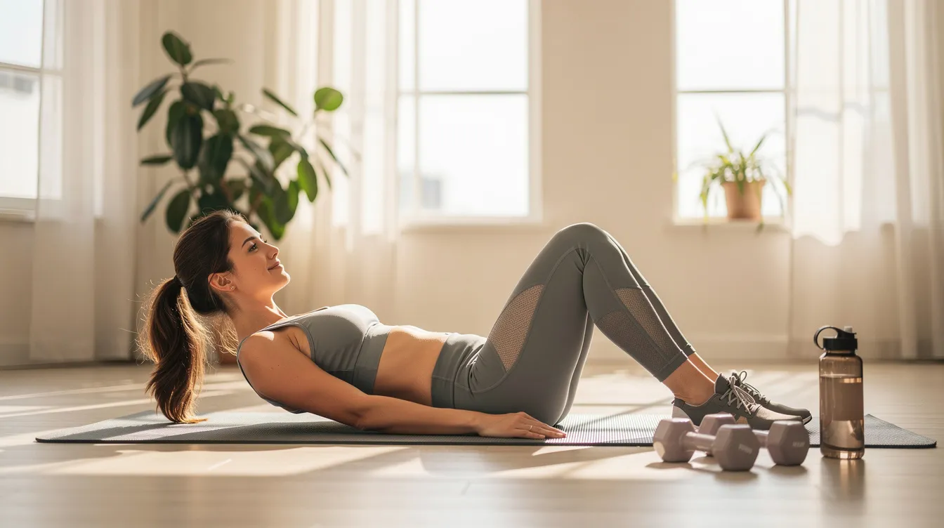 Imagen de una persona realizando ejercicios abdominales suaves en un ambiente luminoso y saludable, enfocándose en fortalecer los músculos del abdomen. Este tipo de actividad es ideal para quienes buscan mejorar su figura antes de considerar procedimientos como la abdominoplastia en Queens, NY.