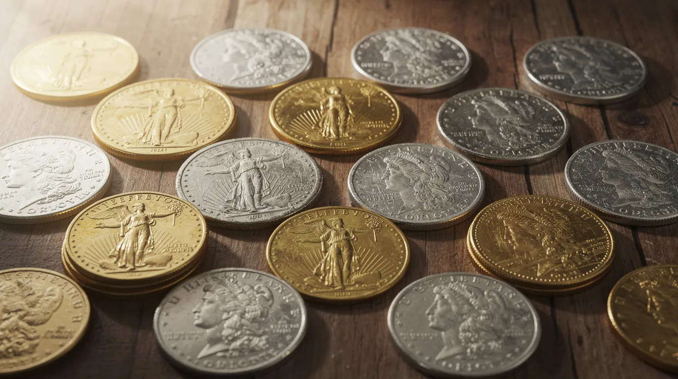 The image features a collection of American gold eagle coins and silver Morgan dollars, meticulously arranged on a wooden table, showcasing the beauty of these precious metals. This display highlights both rare coins and valuable currency, appealing to collectors and enthusiasts alike.