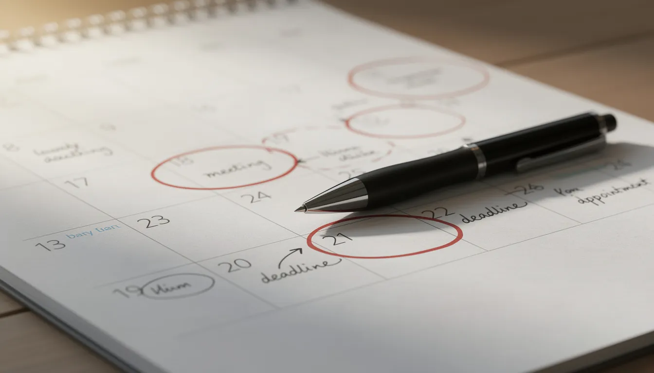 The image shows a calendar with important dates circled, indicating significant events related to an annuity contract, such as when an annuity owner dies before annuitization. A pen rests on the calendar, suggesting the need for planning and consideration of tax implications for beneficiaries regarding death benefits and lump sum payouts.
