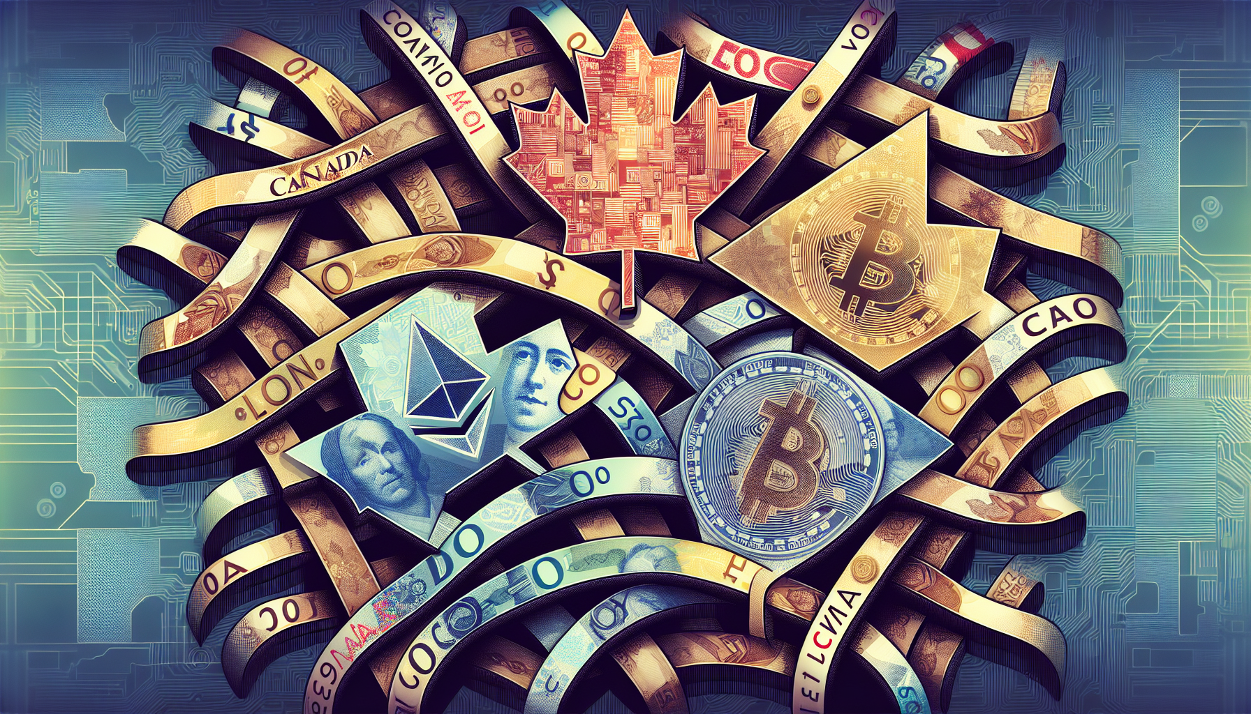Illustration of Canadian dollar banknotes and cryptocurrency symbols