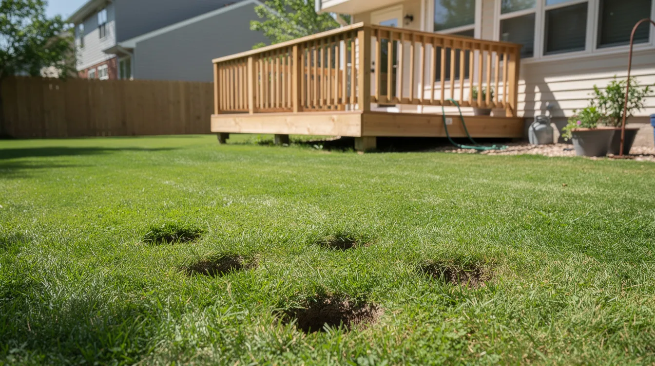 The image depicts a suburban backyard with a green lawn featuring small, scattered holes near the base of a wooden deck. These shallow holes, likely created by digging animals such as squirrels or raccoons, indicate that wildlife may be foraging for food sources like grubs or nuts in the soil.