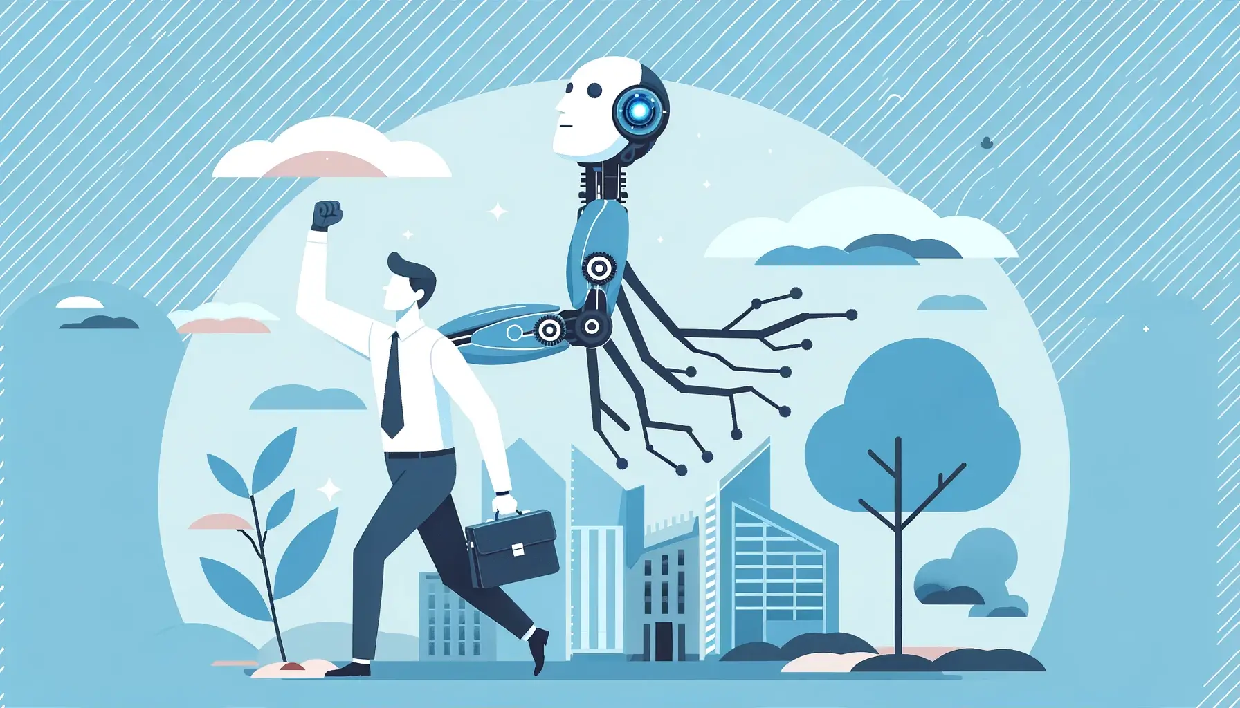 Flat-style illustration showing an entrepreneur lifting a building representing his business with one arm, powered by artificial intelligence. The image signifies the strength and support that new technology and innovative ideas provide to entrepreneurs, particularly in the realms of real estate, economic growth, and small business development. It emphasizes the concept of leveraging technology for business success and market expansion.