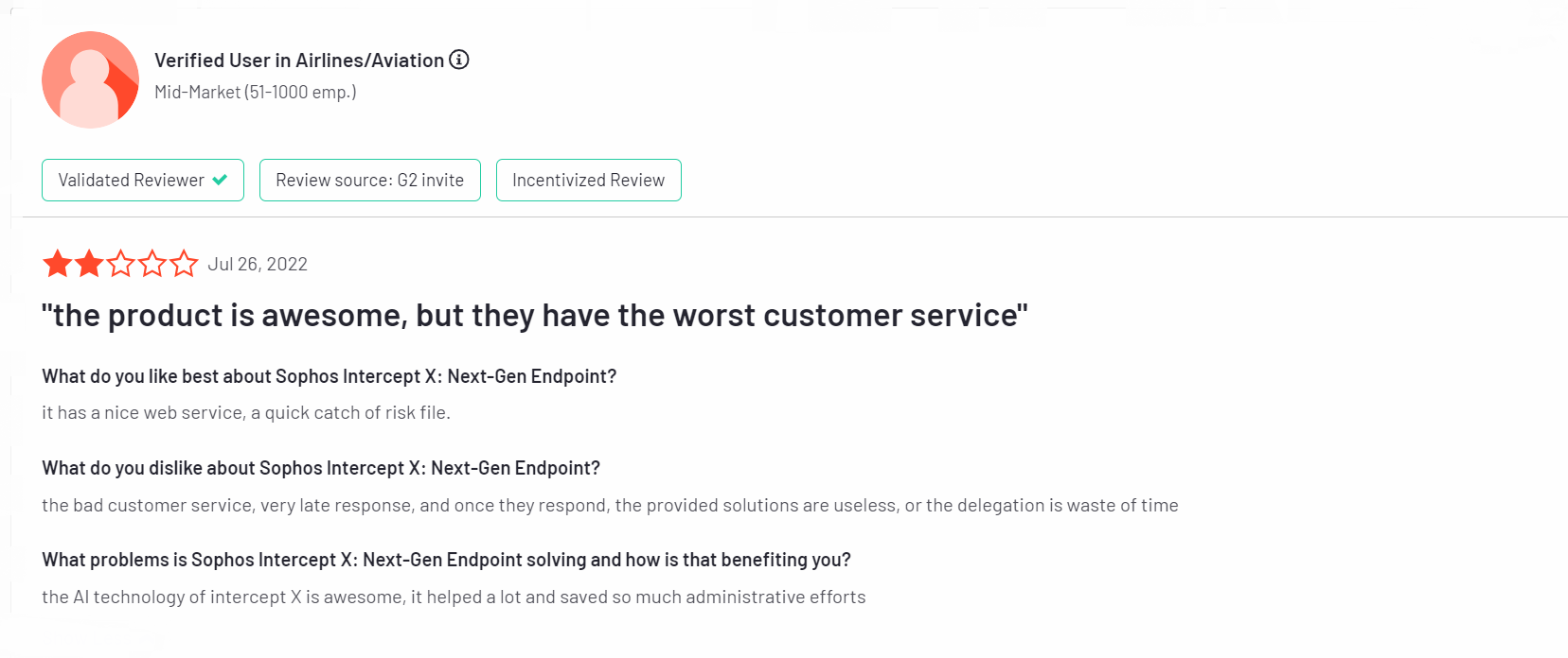 A review of Sophos from g2 which is one of the DLP software. The negative review number 1 is about its weak customer support and engine enhancements. 