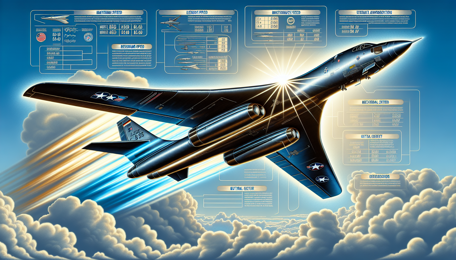 An illustration of a B1B bomber showcasing its technical specifications.