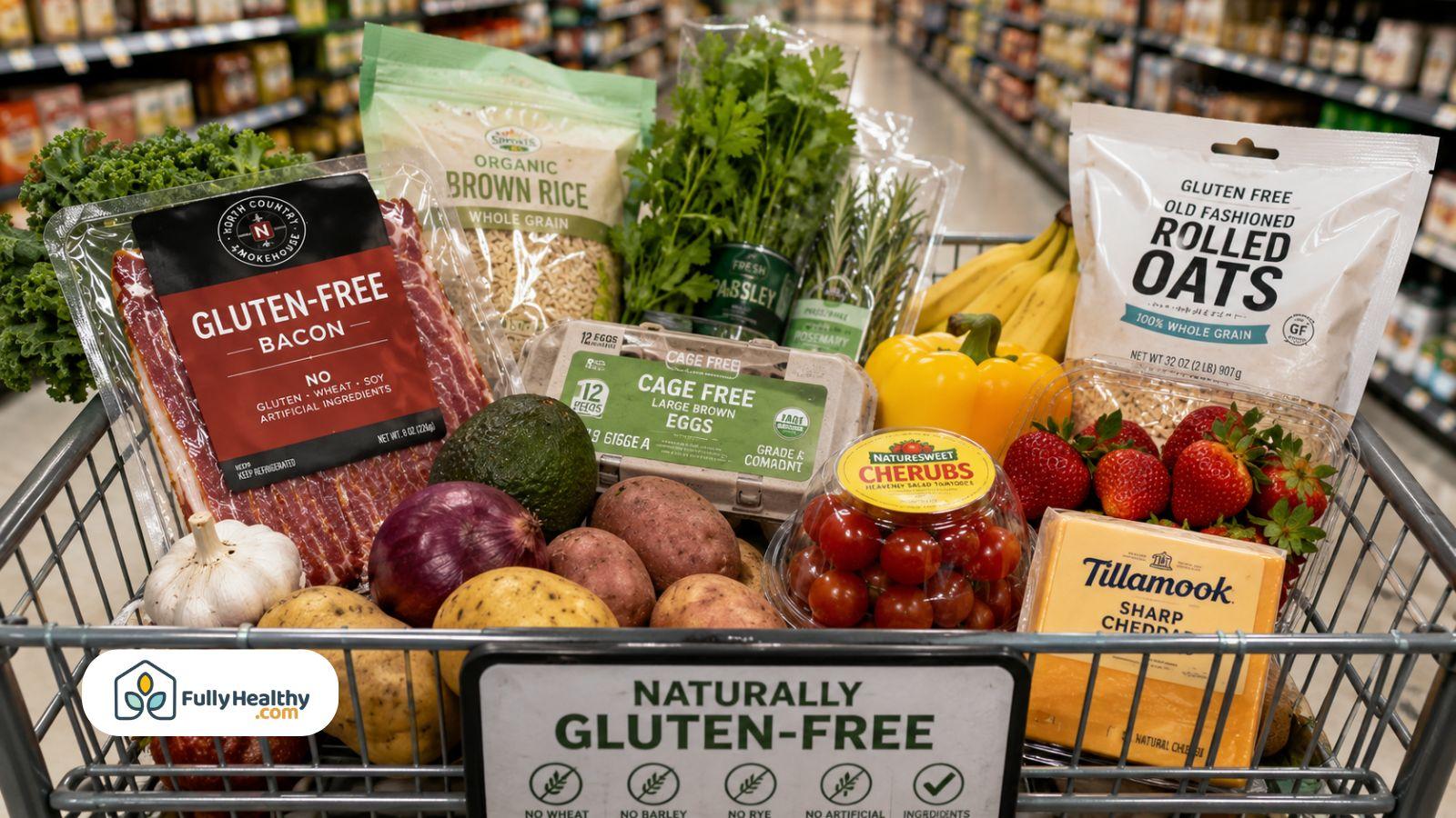 Shopping cart filled with gluten free bacon eggs produce and pantry staples