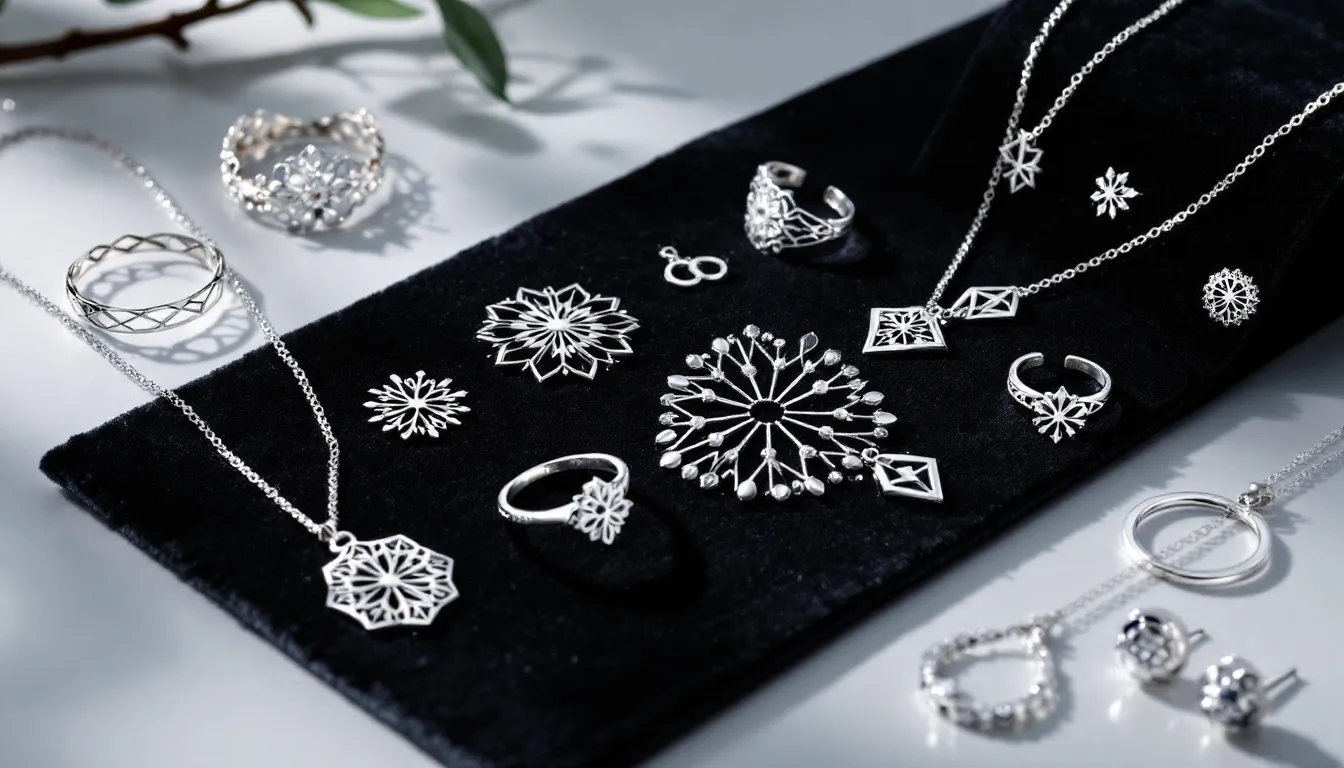 The image showcases an elegant collection of silver jewelry, featuring intricately designed silver earrings, necklaces, and rings adorned with precious stones and pearls. Each piece highlights the beauty and quality of sterling silver, perfect for completing any outfit or special occasion.