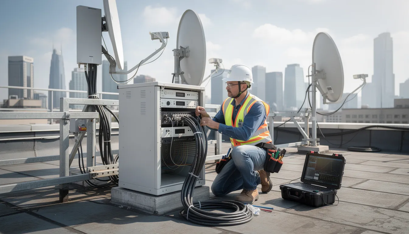 A skilled technician is examining satellite equipment and cables on a rooftop, ensuring proper installation and alignment of the DSTV system for optimal signal quality. This professional service is essential for reliable satellite TV setup and uninterrupted viewing in Camps Bay.