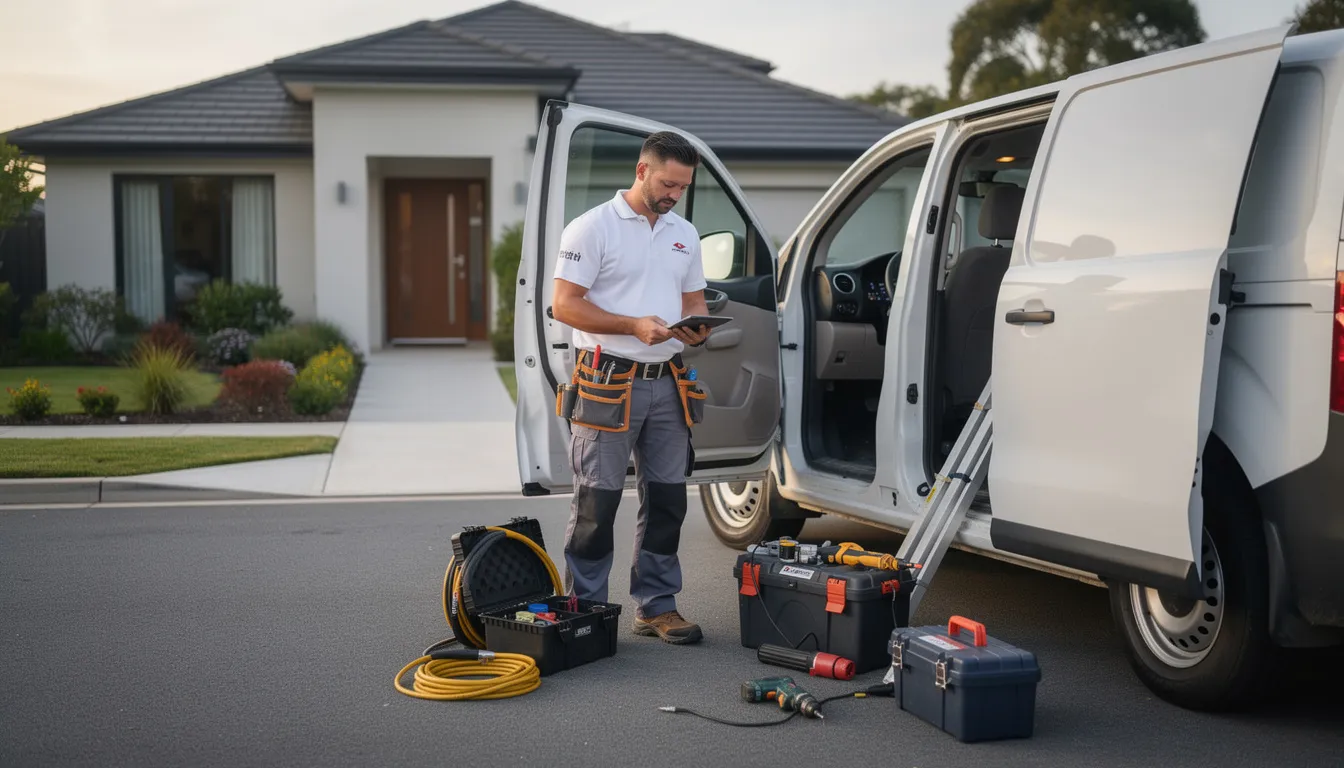 A service technician is seen preparing for a residential call-out, surrounded by installation equipment such as a DSTV dish and cables, ready to provide professional DSTV installation services. The technician is focused on ensuring optimal signal reception for the upcoming installation in Noordhoek.
