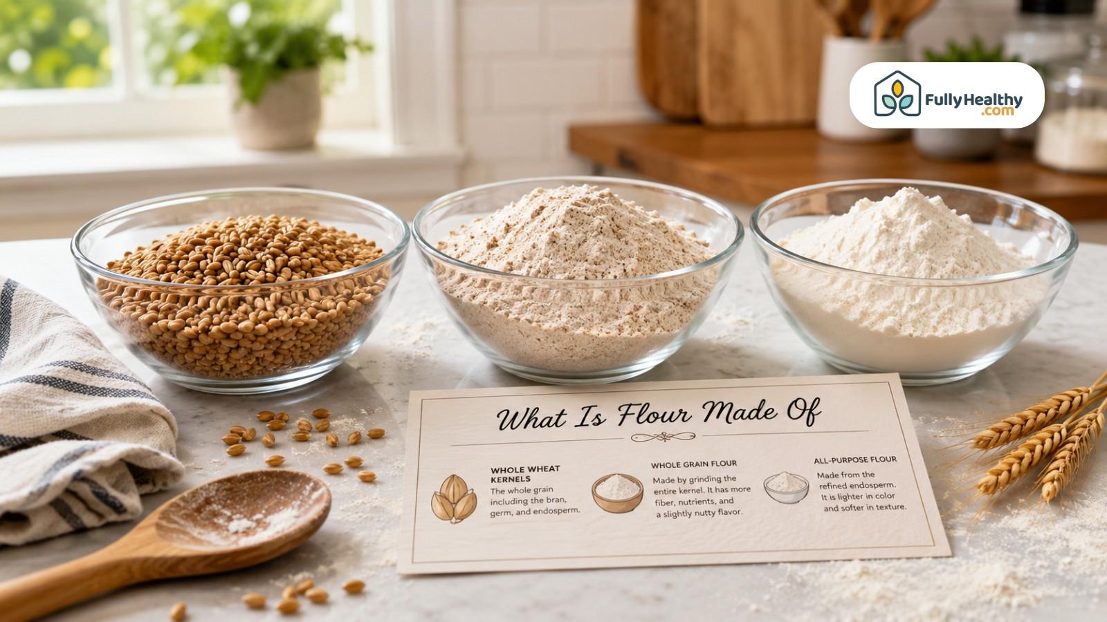 Wheat kernels, whole grain flour, and all-purpose flour with educational recipe card