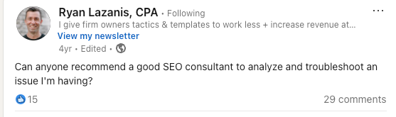 A LinkedIn post by Ryan Lazanis looking for an SEO consultant