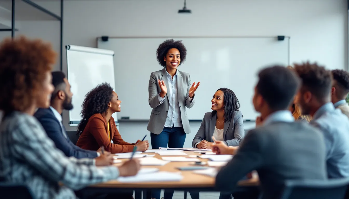 In a vibrant leadership training workshop, a diverse group of engaged participants listens attentively as a facilitator presents on effective leadership skills and strategies. The atmosphere is collaborative, emphasizing professional development and the importance of building trust and communication among teams.