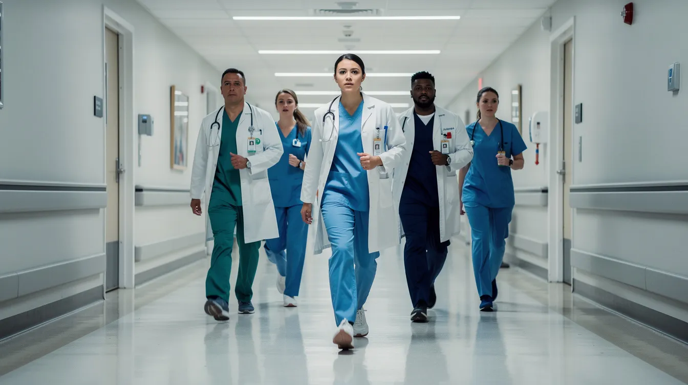 The image depicts a group of medical professionals, including doctors and nurses, hurrying through a busy hospital corridor, likely responding to urgent medical situations. This scene highlights the fast-paced environment of emergency rooms, where quick decisions are crucial to patient care and can sometimes lead to medical malpractice or emergency room errors.