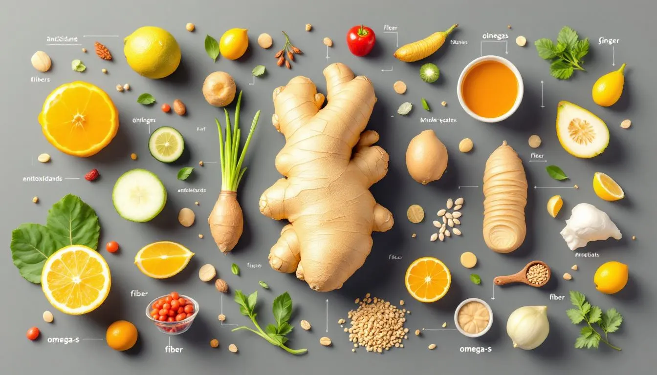 An illustrative image showcasing heart-healthy foods including ginger.
