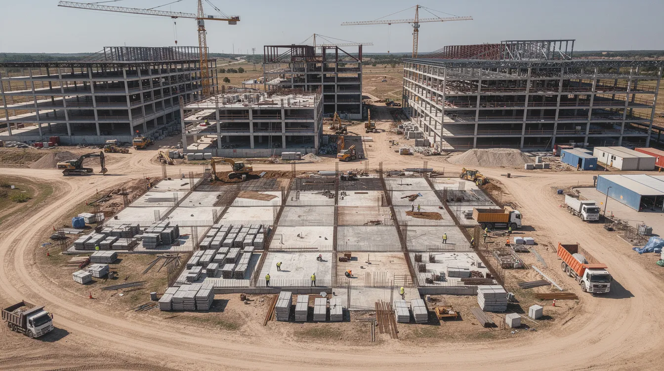 An aerial view showcases a large construction project featuring heavy equipment and several partially completed buildings. This image reflects the complexities of construction contracts, highlighting the importance of adhering to contractual obligations and the potential for disputes related to contractor performance and termination clauses.