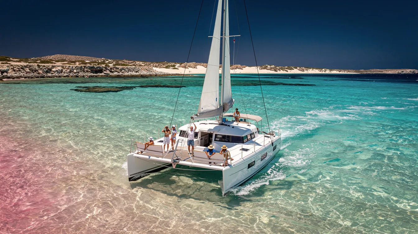 Imagem de um passeio de catamarã nas águas cristalinas da praia de Elafonisi, na Grécia. Ao fundo, é possível ver a bela ilha e a costa de Creta, destacando a beleza natural e o turismo na região.