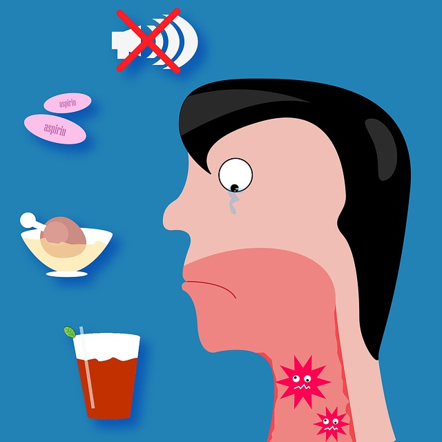 A cartoon rendering of a man wtih a reddened throat and throat pain. 