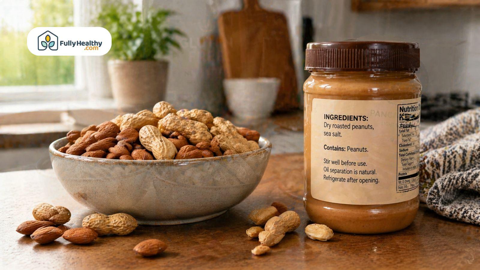 Bowl of mixed nuts beside a jar of peanut butter with visible ingredient label on a kitchen table.