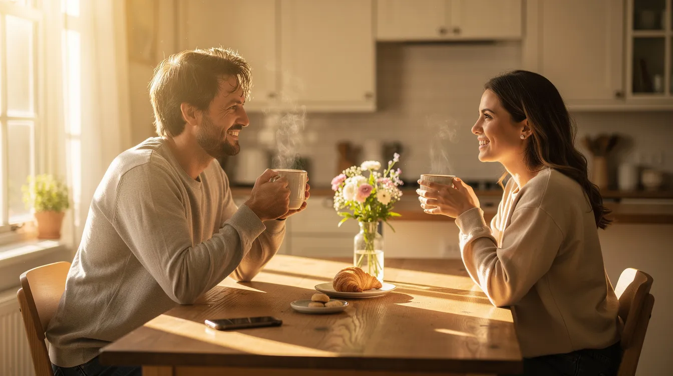 A couple sits together at a kitchen table, enjoying coffee in the warm morning light, engaged in a conversation that reflects their healthy relationship. Their body language shows connection and empathy as they actively listen to each other's feelings, fostering effective communication and intimacy.