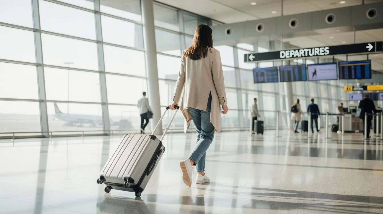 A traveler, likely an Irish citizen, is walking through an airport departure gate while pulling a rolling suitcase, ready to embark on a short trip. The scene captures the essence of travel, highlighting the importance of proper documentation such as entry visas and passports for smooth immigration processes.