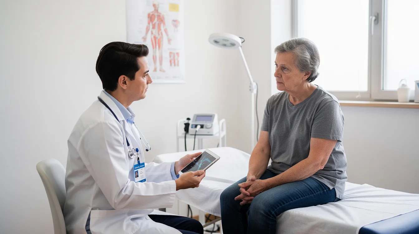 The image depicts a doctor in a white coat consulting with a middle-aged patient in a clinical setting, discussing important aspects of cardiovascular health, including lifestyle factors and the patient&rsquo;s risk for heart disease. The interaction highlights the significance of personalized medicine in managing cardiovascular risk and promoting healthy aging.