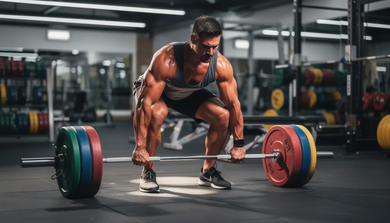 A person is performing a heavy deadlift in a well-lit gym, showcasing their strength and focus as they lift a barbell loaded with weight plates. This scene highlights the importance of resistance training for building lean muscle mass and supporting muscle growth.