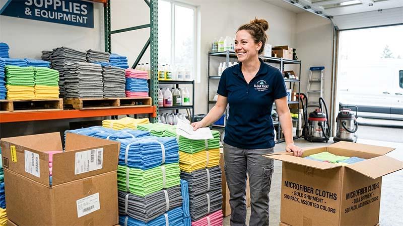 A business owner receiving her order of microfiber cloths