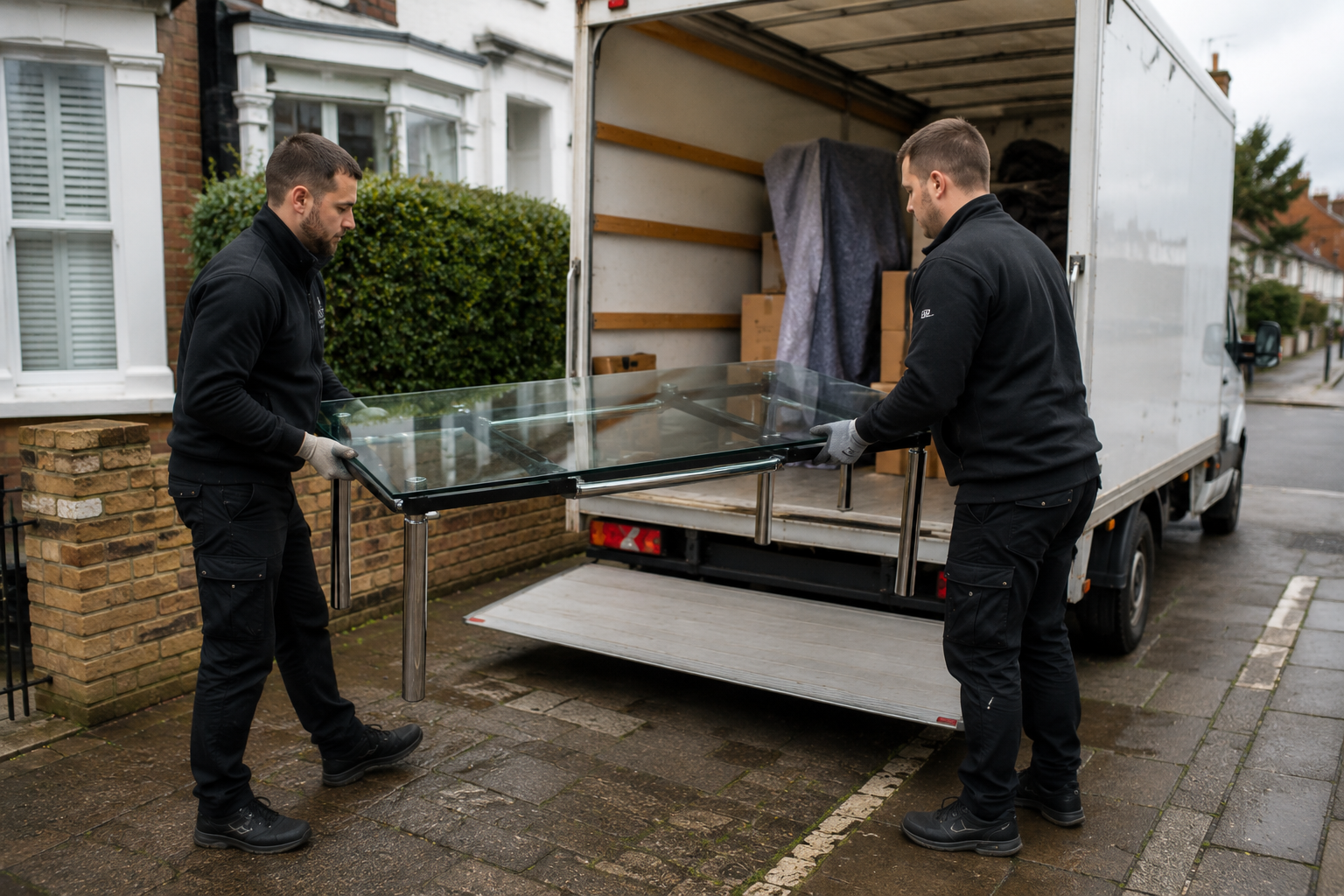 Professional man and van movers carefully handling valuable furniture during a house move
