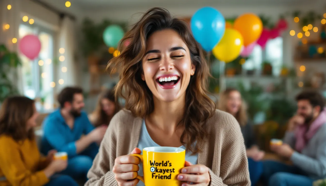 A smiling woman is joyfully opening a "World's Okayest Friend" coffee mug at a birthday party, bursting into laughter amidst a bright and festive indoor celebration with friends and family. This hilarious gift adds a perfect touch of humor to the special day, creating a moment filled with joy and laughter.