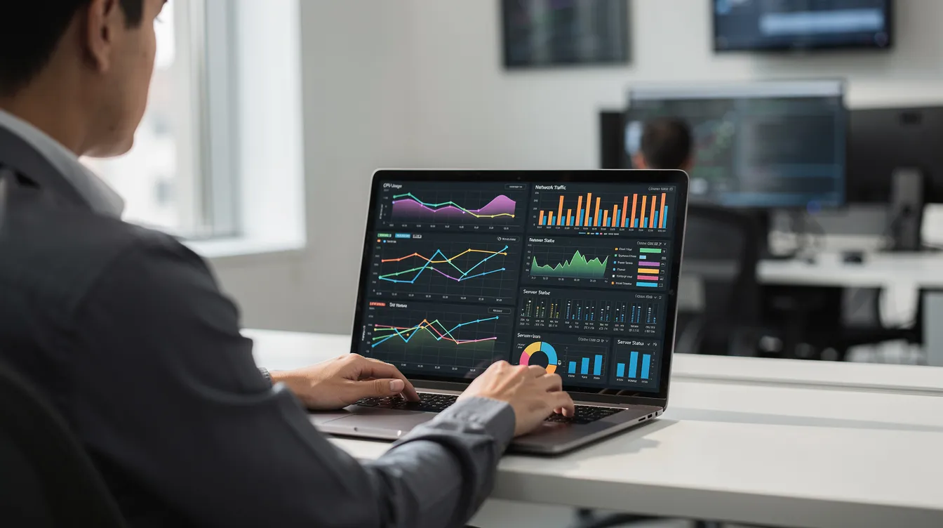 A professional is focused on their laptop, which displays various server monitoring dashboards, showcasing data from virtual private servers and hosting resources. This image highlights the importance of reliable hosting and server management in ensuring optimal performance for applications and websites.