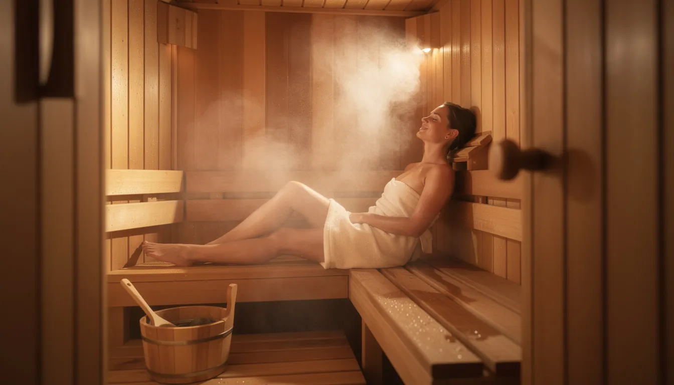 A person is relaxing in a wooden sauna, surrounded by steam that rises gently around them, promoting a sense of calm and well-being. This scene captures the essence of sauna bathing, which is often combined with cold exposure techniques for numerous health benefits, including improved circulation and stress resilience.
