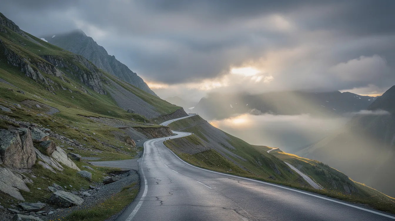 A winding mountain road stretches into the distance, bathed in the soft morning light that breaks through the clouds, symbolizing the journey of business growth and the importance of a strong digital marketing strategy in generating qualified leads. The serene landscape evokes the strategic insights needed for effective lead generation efforts in today's competitive market.