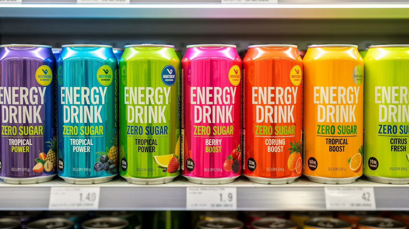 Bunte Energy-Drink-Dosen in verschiedenen Farben und modernem Design sind auf einem Supermarktregal aufgereiht. Die auffälligen 250 ml Dosen, darunter auch Marken wie Red Bull, repräsentieren den Trend des Konsums von Energydrinks, die häufig Koffein und Taurin enthalten.
