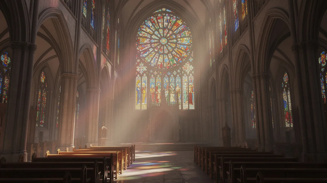 Der Innenraum der Kathedrale von Palma, La Seu, ist beeindruckend mit buntem Licht, das durch das große Rosettenfenster strömt und die gotische Architektur hervorhebt. Diese Sehenswürdigkeit in der Altstadt von Palma de Mallorca zieht Besucher mit ihrer majestätischen Atmosphäre an.