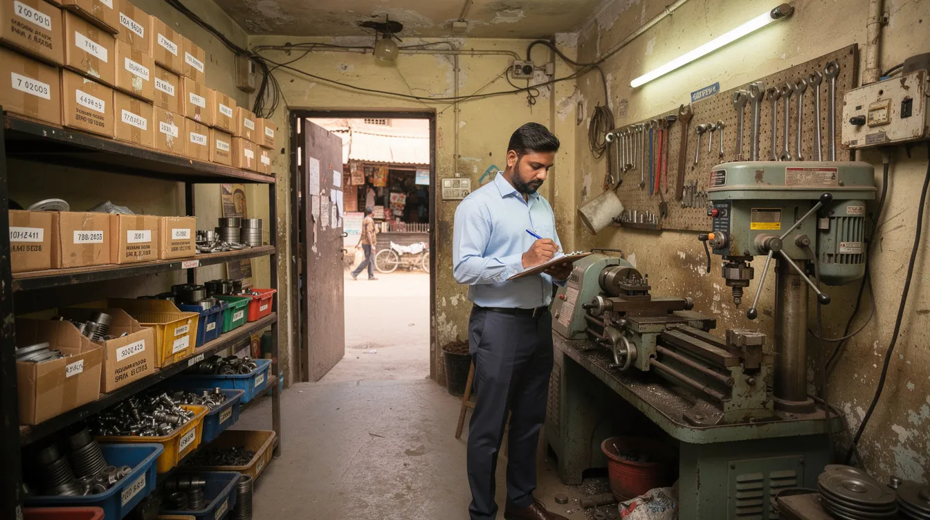 8cb40d45 5fd1 48a1 858b 8f2dcff4583f The image shows a small Indian workshop where an entrepreneur is inspecting machinery and inventory, indicative of a micro unit engaged in income-generating activities. This scene reflects the essence of the Pradhan Mantri Mudra Yojana, providing financial assistance to micro and small businesses through collateral-free loans.