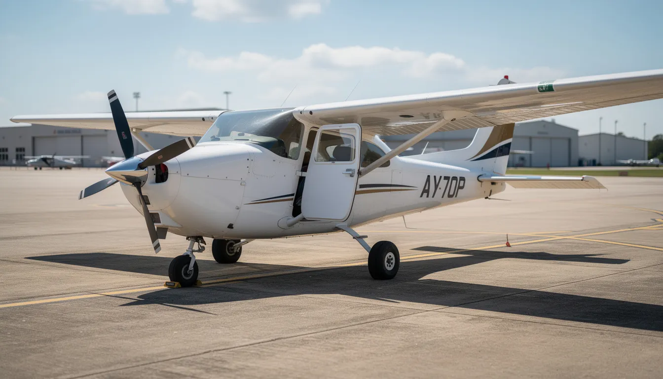 A white Cessna 172 Skyhawk is parked on a sunny airport ramp, showcasing its high wing and open pilot door, which provides easy access to the cabin. The airplane&rsquo;s left wing is prominently visible, and the scene reflects a perfect setting for flight training.