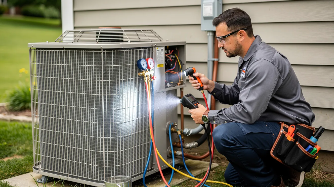 A skilled technician is diagnosing a refrigerant leak on an outdoor air conditioning unit, carefully inspecting the system to ensure efficient cooling solutions. The technician is equipped with tools, demonstrating expertise in air conditioning maintenance and repair.