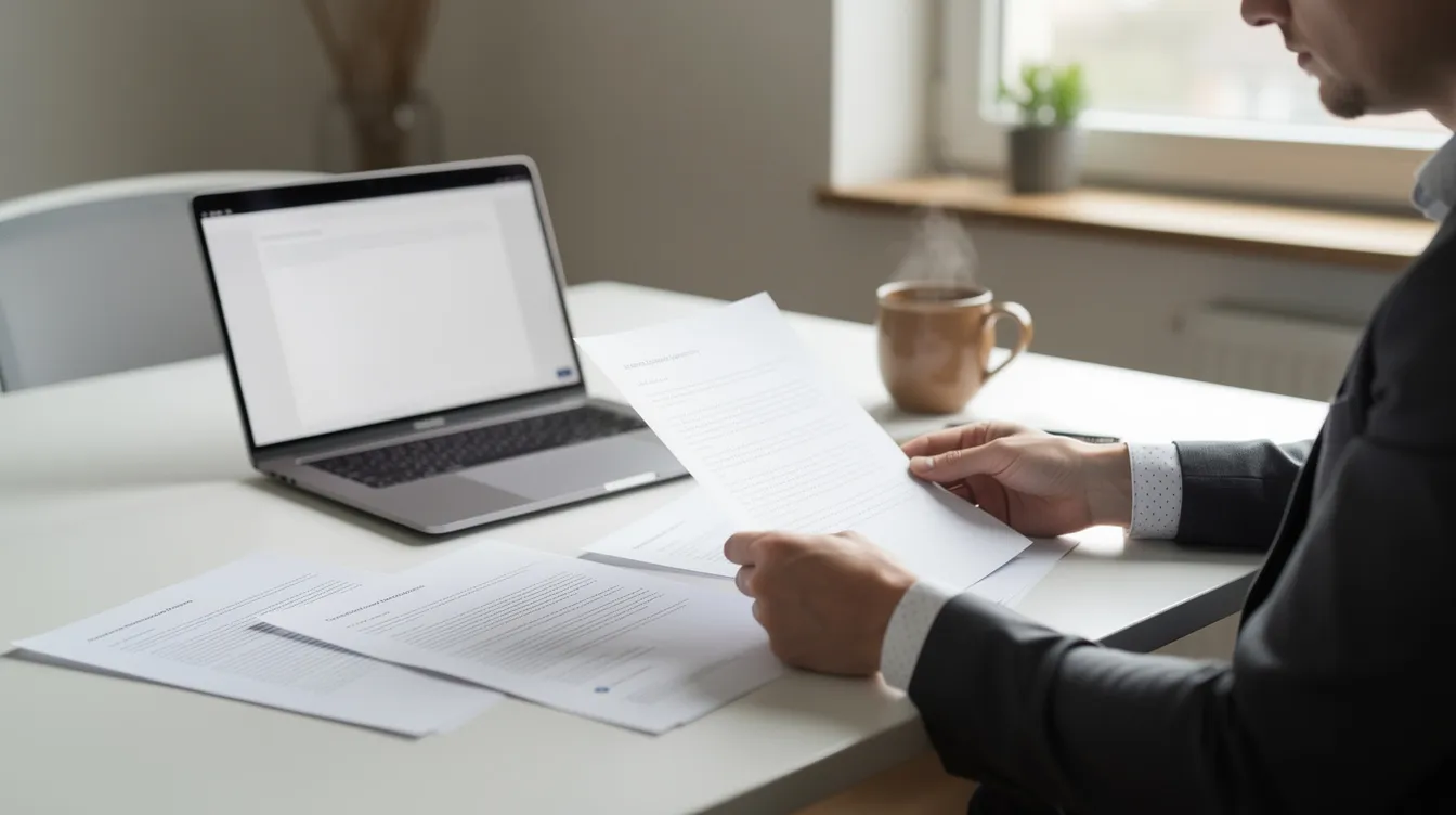 A worker is seated at a desk, reviewing documents while a laptop and a cup of coffee are within reach. This scene may represent the process of managing social security disability insurance claims or reviewing disability benefits documentation.