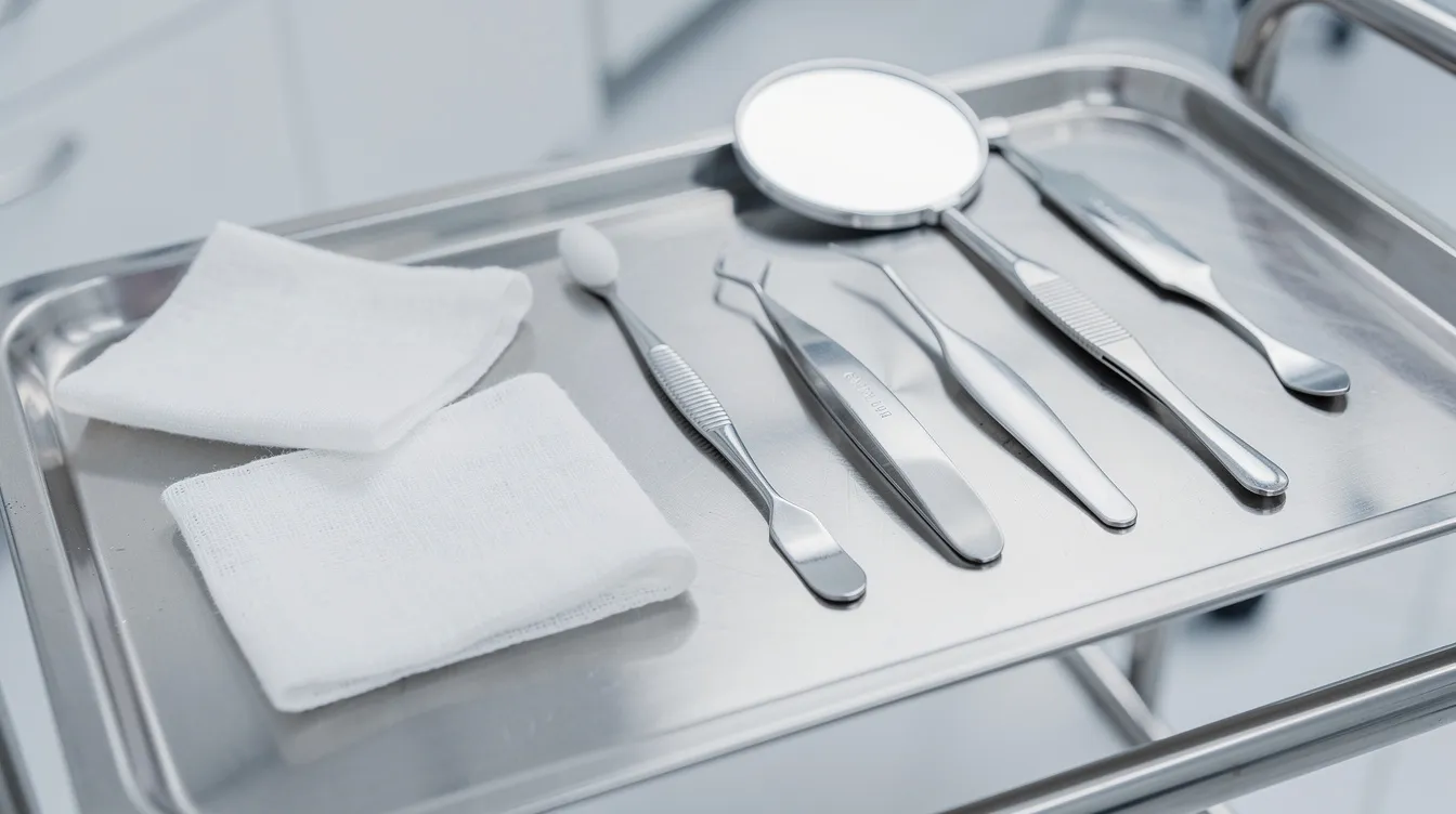 The image features a close-up of various skincare tools, gauze, and a small mirror neatly arranged on a clean medical tray, suggesting a setting for dermal filler treatments and facial rejuvenation procedures. This organized display highlights the meticulous nature of injectable treatments aimed at improving skin texture and restoring lost volume for a youthful appearance.