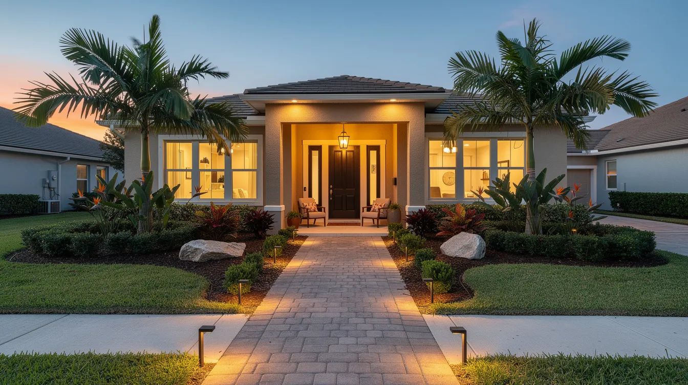 The image depicts a Florida home's exterior at dusk, featuring warm pathway lighting that enhances its curb appeal, trimmed tropical landscaping, and a welcoming front porch that invites potential buyers to envision their future in this charming property. The aesthetic appeal of the home is perfect for attracting buyers in the local market.